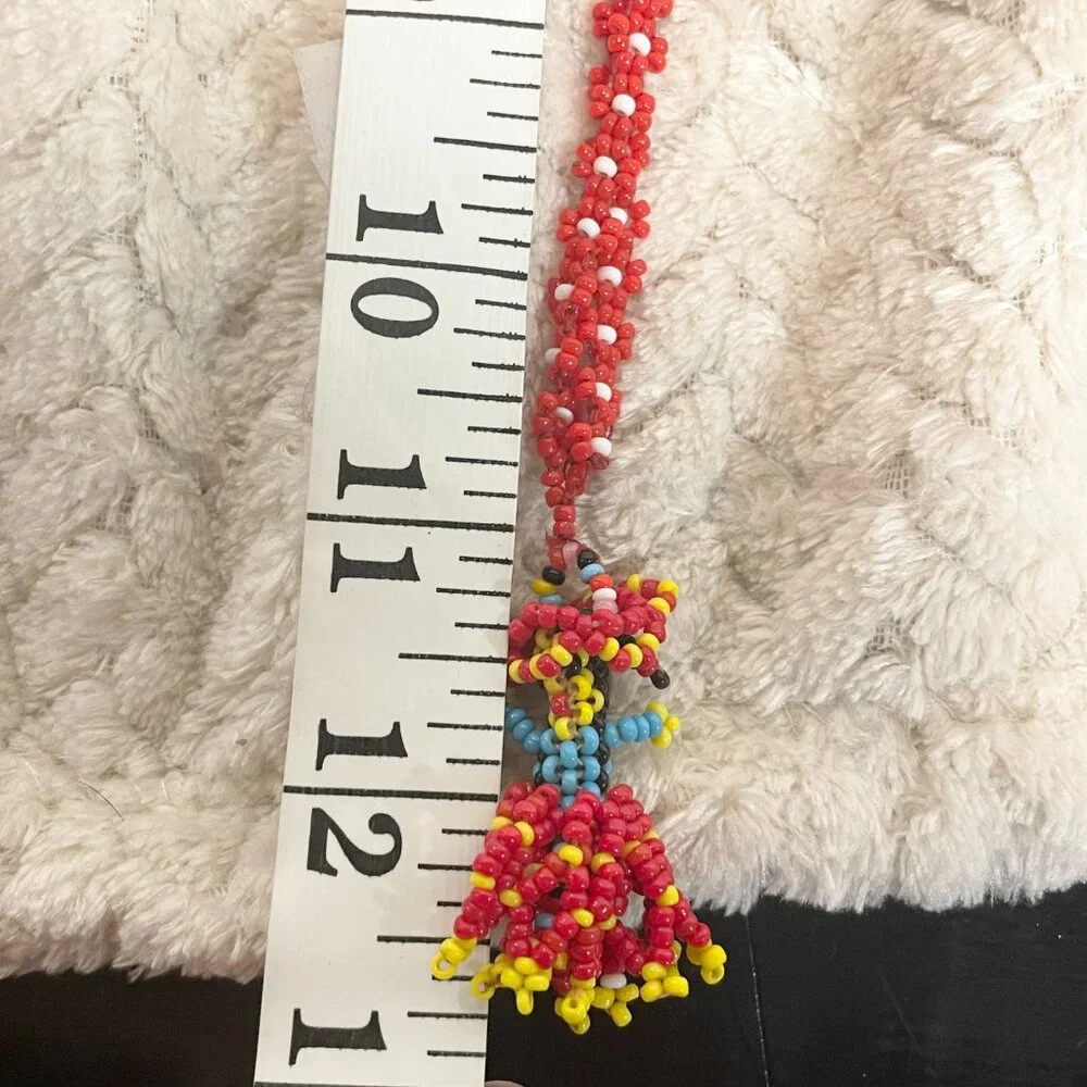 Handmade‎ Beaded Folk Art Necklace | Colorful Boho Woman Pendant | Red Seed Bead
